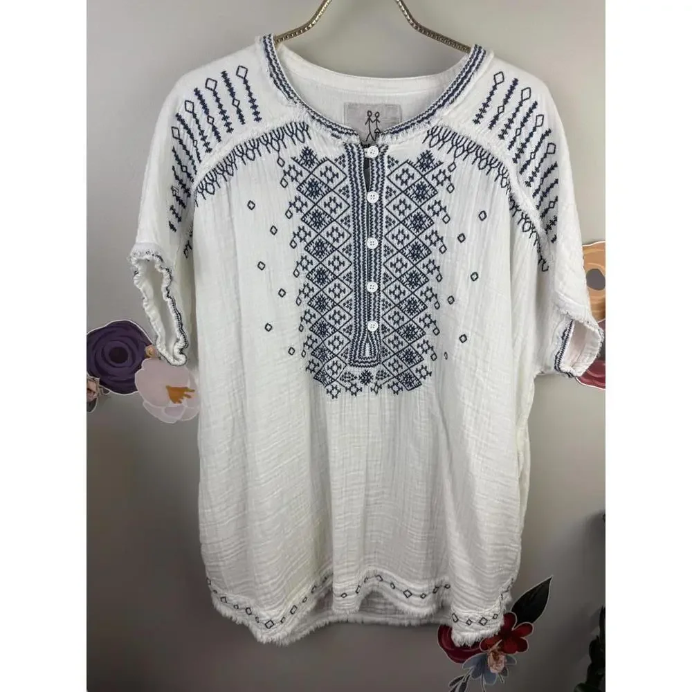 Johnny Was White and Navy Cotton Embroidered Tunic - Size - Small - Picture 7 of 7